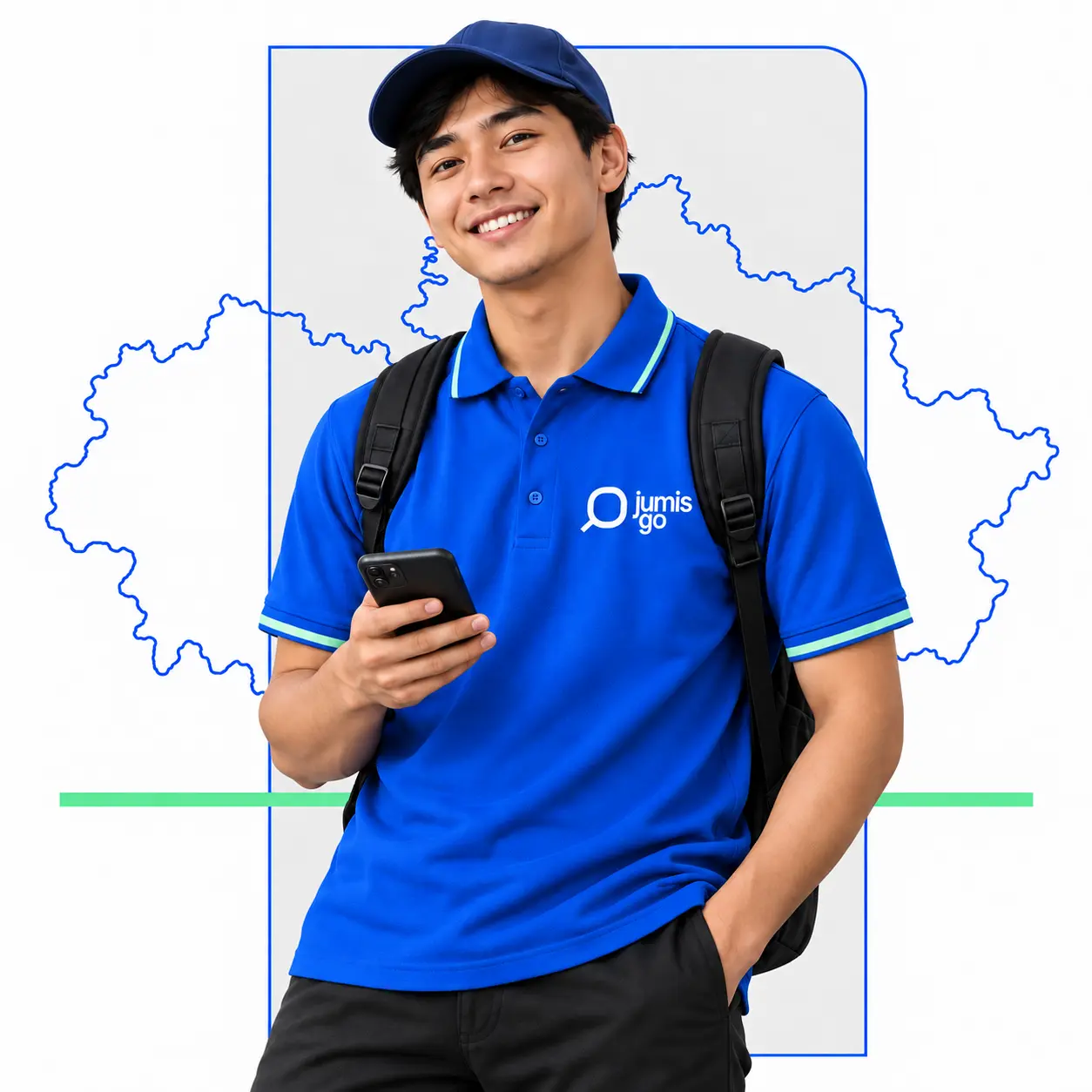 Исполнитель Jumis Go в фирменном синем поло и кепке ищет задание в смартфоне