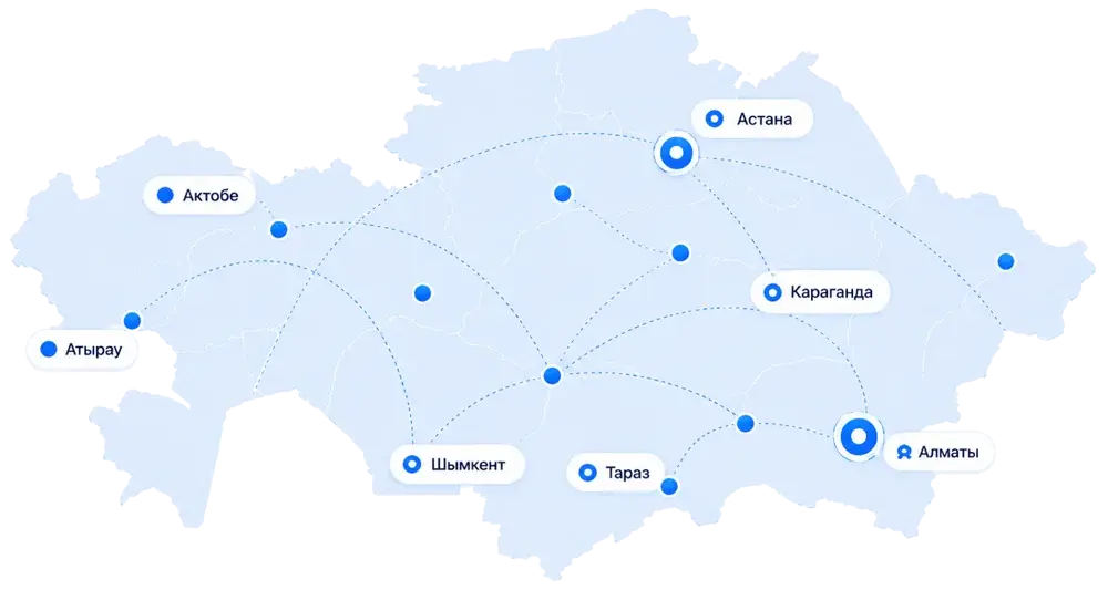 Карта Казахстана с городами присутствия Jumis Go: Алматы, Астана, Шымкент, Караганда, Тараз, Петропавловск